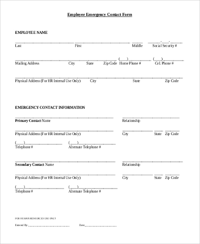 contact form emergency printable employee superb