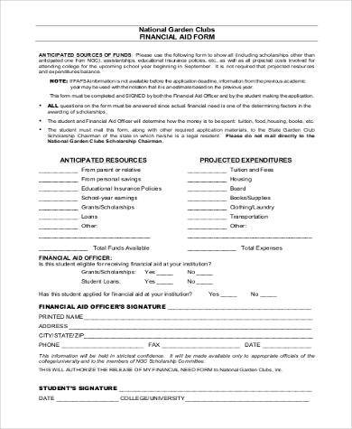 printable financial aid form