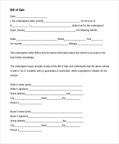 printable general bill of sale form