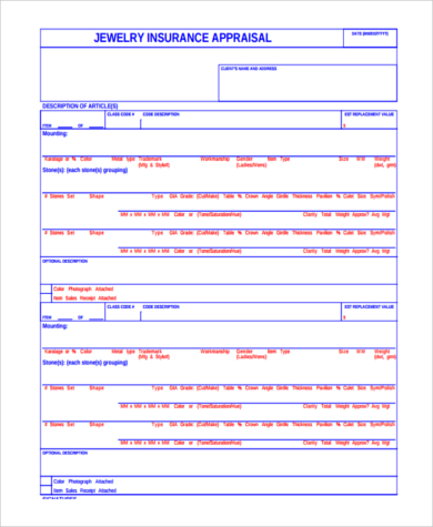 Jewelry Appraisal Forms Download Free