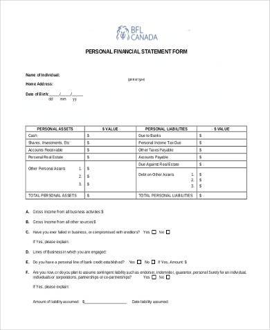 printable personal financial statement form