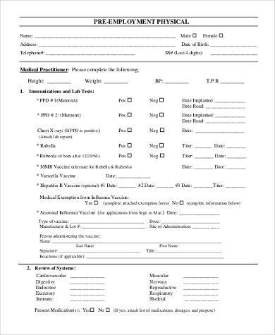 printable pre employment physical form