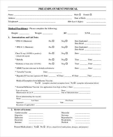 FREE 11 Pre Employment Physical Form Samples PDF MS Word Google Docs   Printable Pre Employment Physical Form 