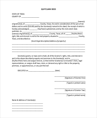 printable quit claim deed form