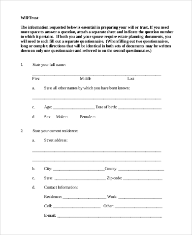 printable will trust form