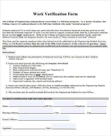 printable work verification form