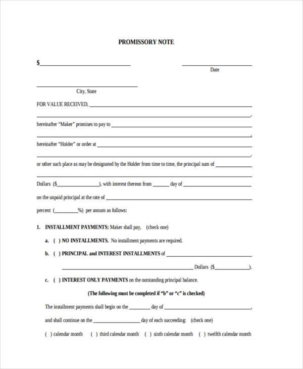 promissory note agreement form example