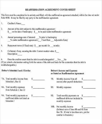 reaffirmation agreement cover sheet form