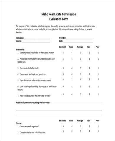 real estate evaluation form example