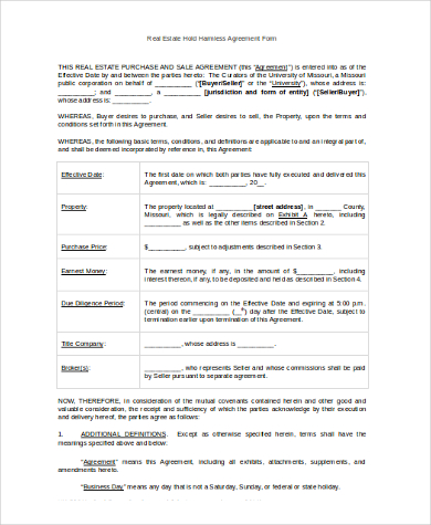 real estate hold harmless agreement form