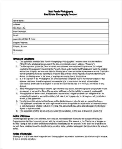 simple photography contract template free