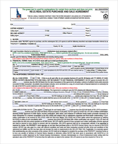 real estate purchase agreement form