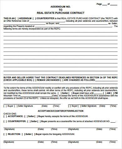 real estate purchase contract addendum form