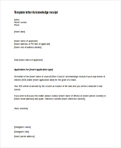 receipt acknowledgement letter sample