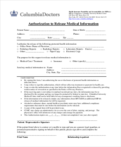 release of medical information authorization form