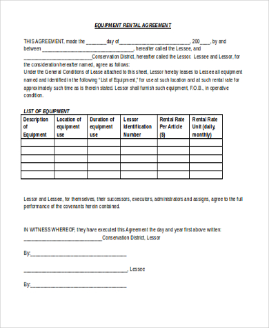 rental equipment agreement form