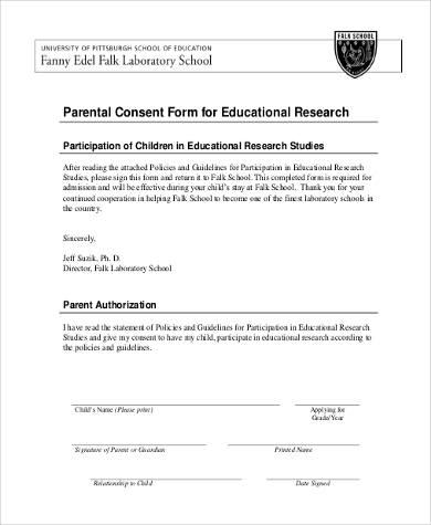 parental consent form for participation in research