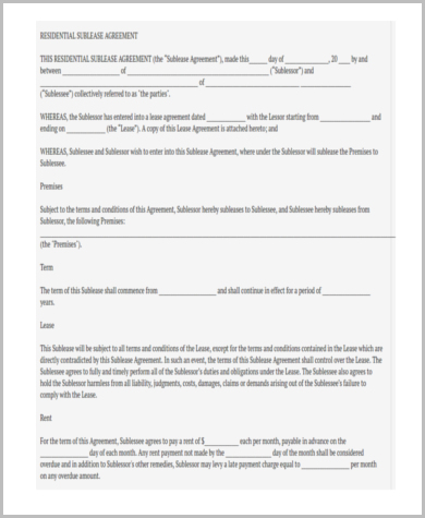 resedential subleasee form