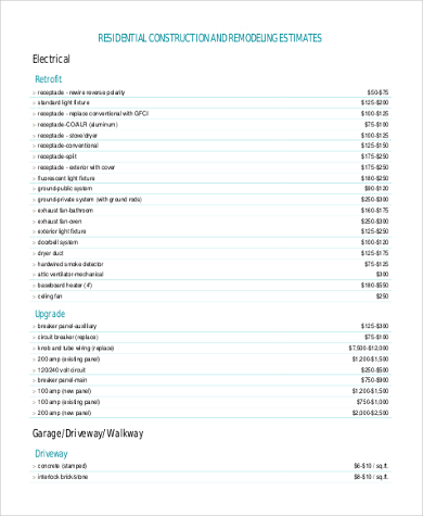 residential construction and remodeling estimates form