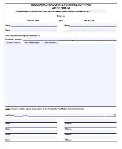 residential purchase contract addendum form