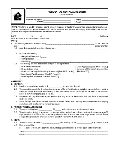 residential room rental agreement form