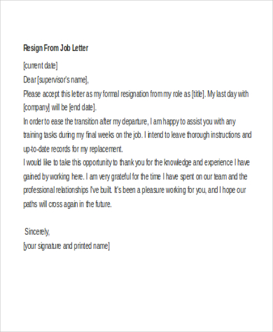 resign from job letter example
