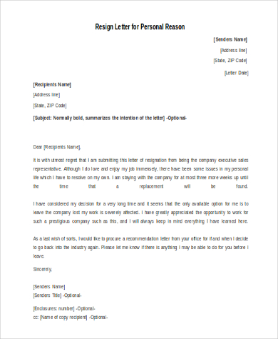 resign letter for personal reason