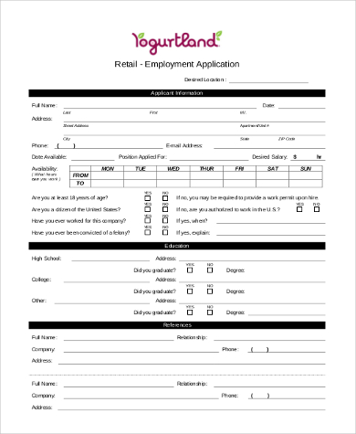 retail for application form job Samples  Documents 8 Job  Free Form Standard Application