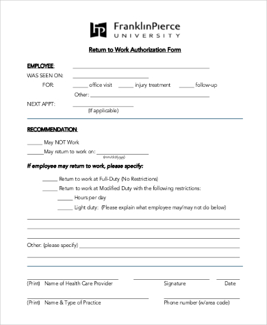 return to work authorization form