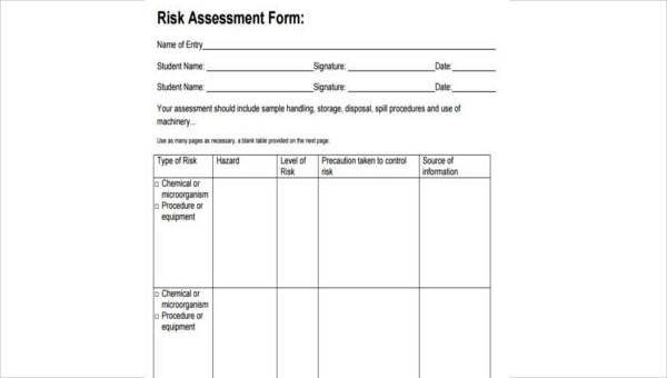 risk assessment form samples