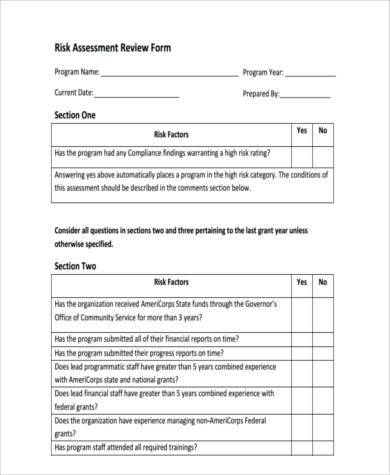 risk assessment review form in pdf