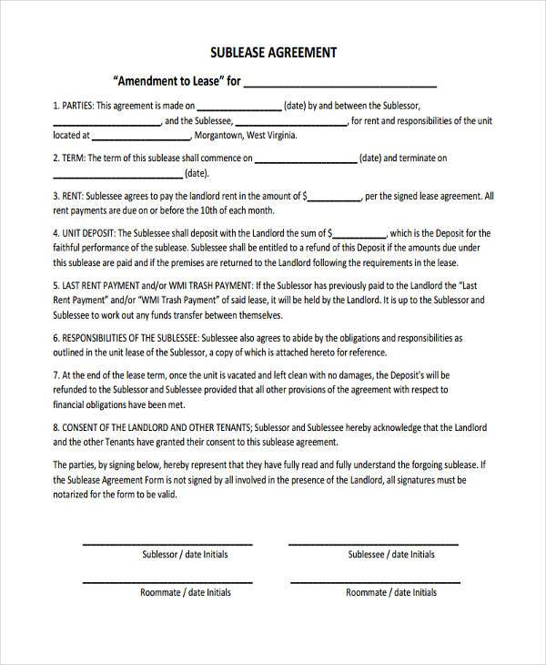 roommate sublease agreement example