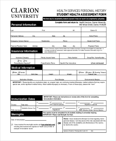 student health assessment form