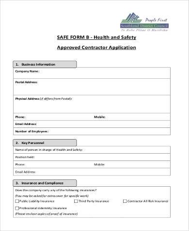 safe contractor application form