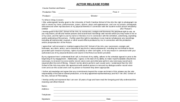 sample actor release forms