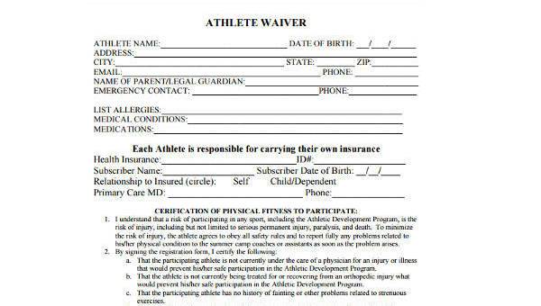 Free 9 Sample Athlete Waiver Forms In Pdf Ms Word 9492