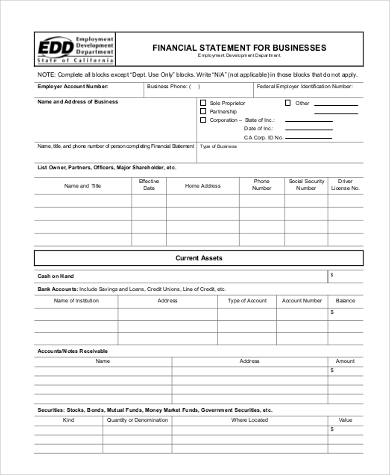 sample business financial statement