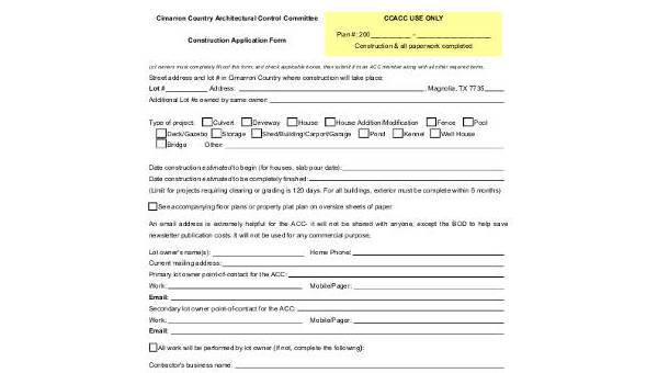 Free 10 Sample Construction Application Forms In Pdf Ms Word