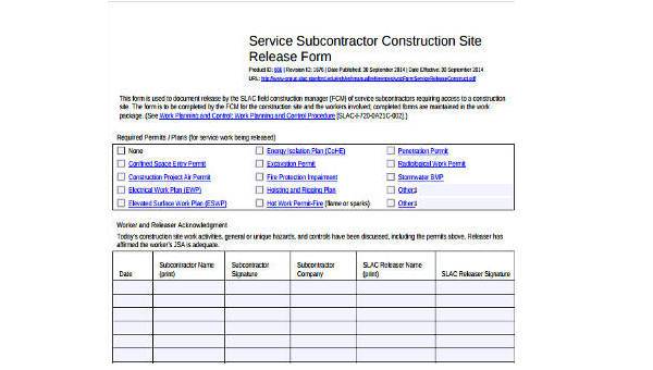 sample construction release forms