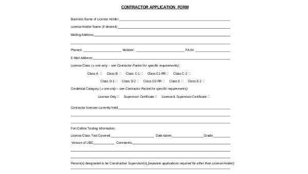 sample contractor application forms