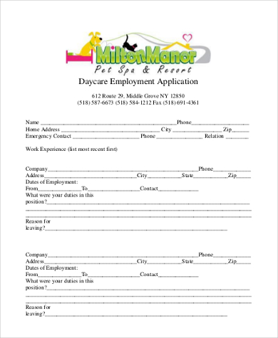 for form application sample daycare 2019 Template