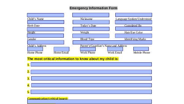 sample emergency information forms