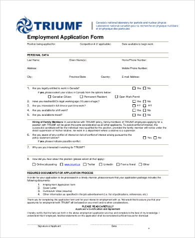 sample employment application form