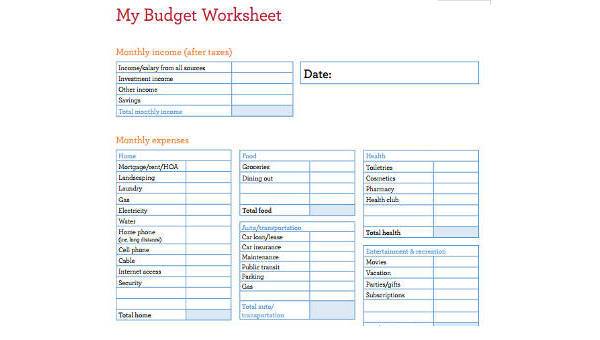 examples of budgets for households