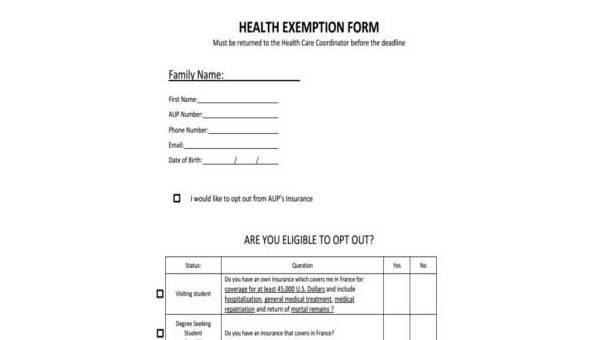 sample health care exemption forms