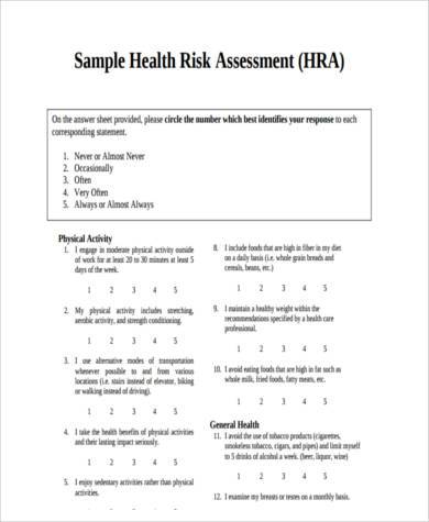 sample health risk assessment form