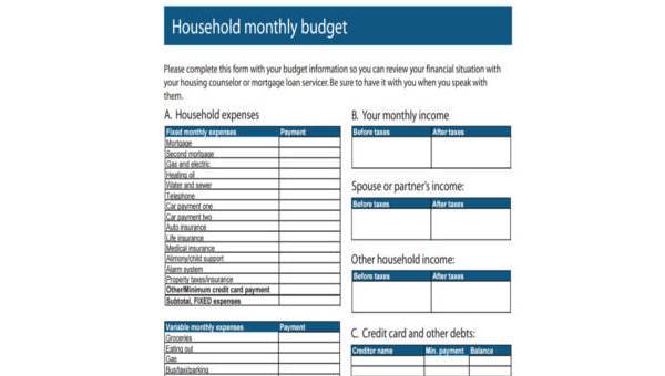 sample household budget forms
