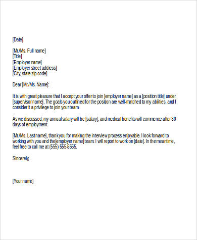 sample job offer acceptance letter