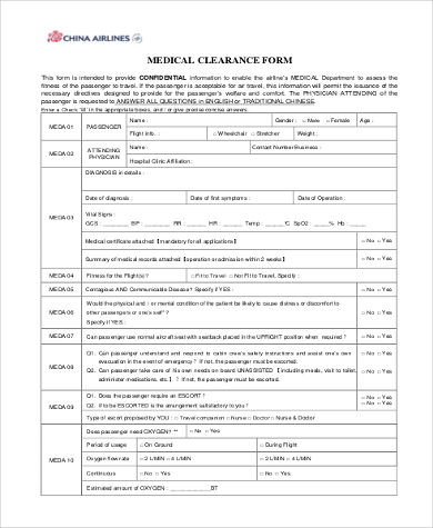 clearance medical sample form forms ms word pdf airlines china