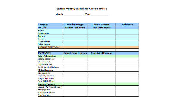 sample monthly budget forms